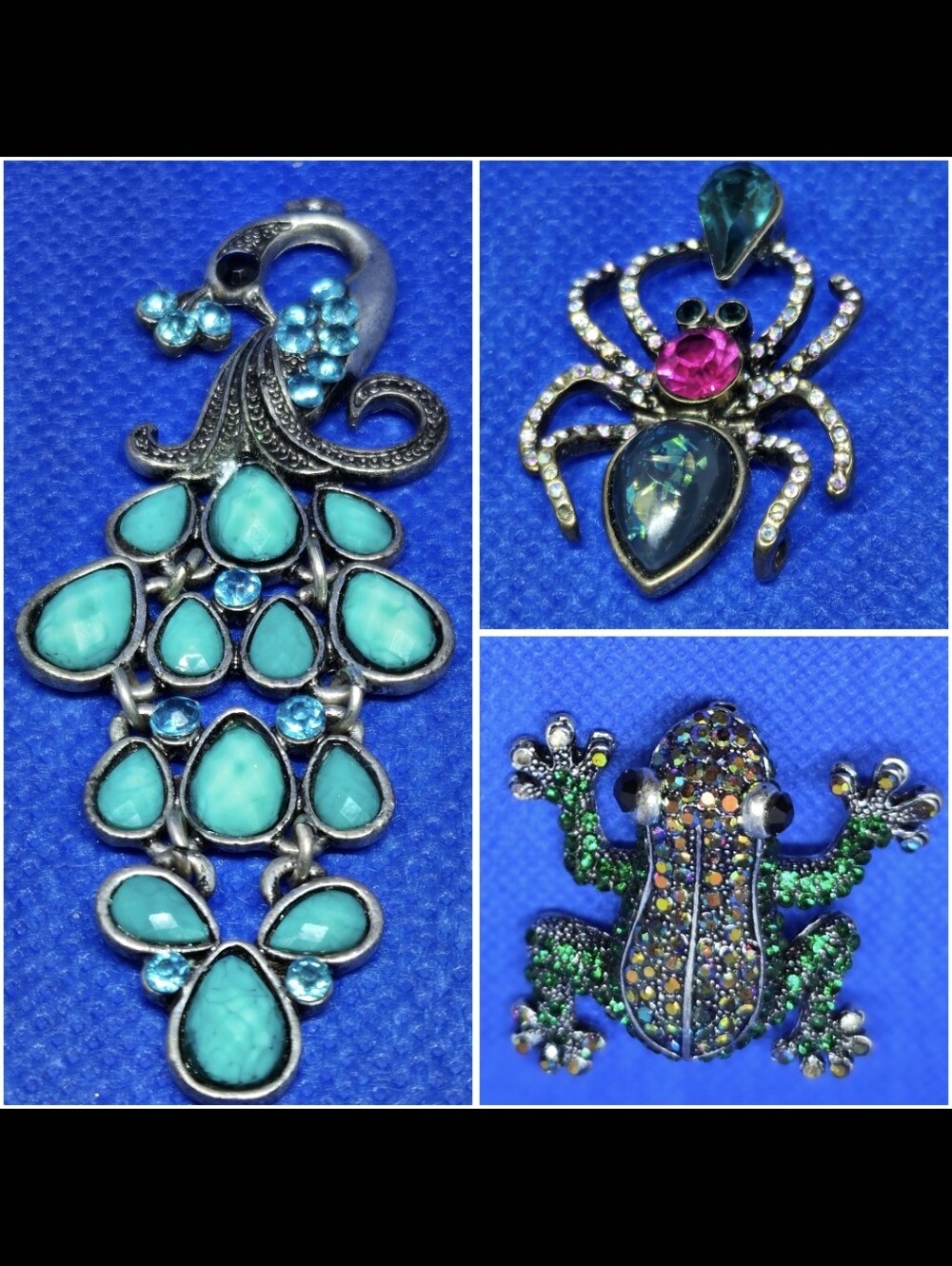 Whimsical Rhinestone Animal Brooch Lot Peacock Spider Frog Craft Destash Bling